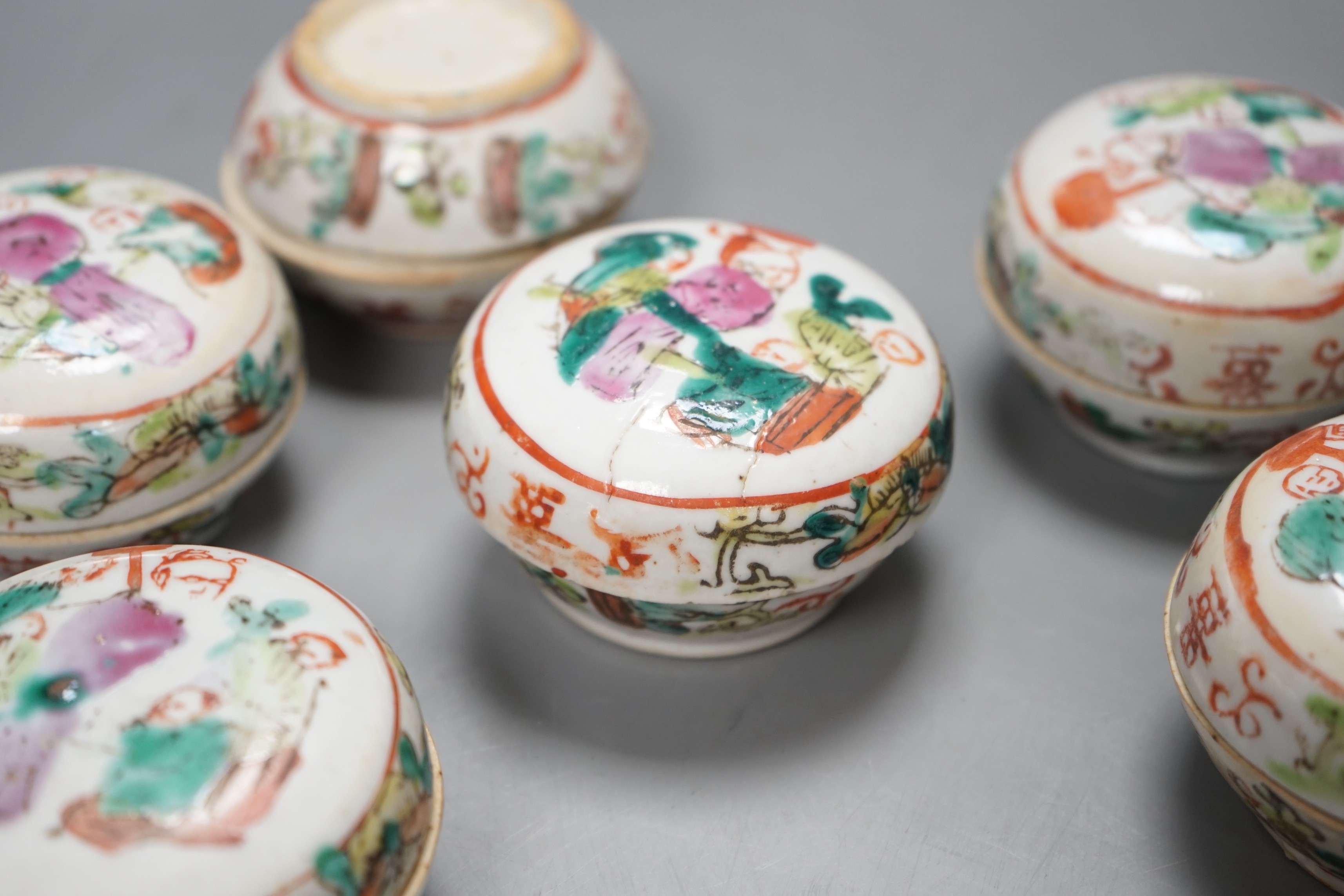 Six Chinese famille rose boxes and covers, 5 similar bases and various stands, early 20th century